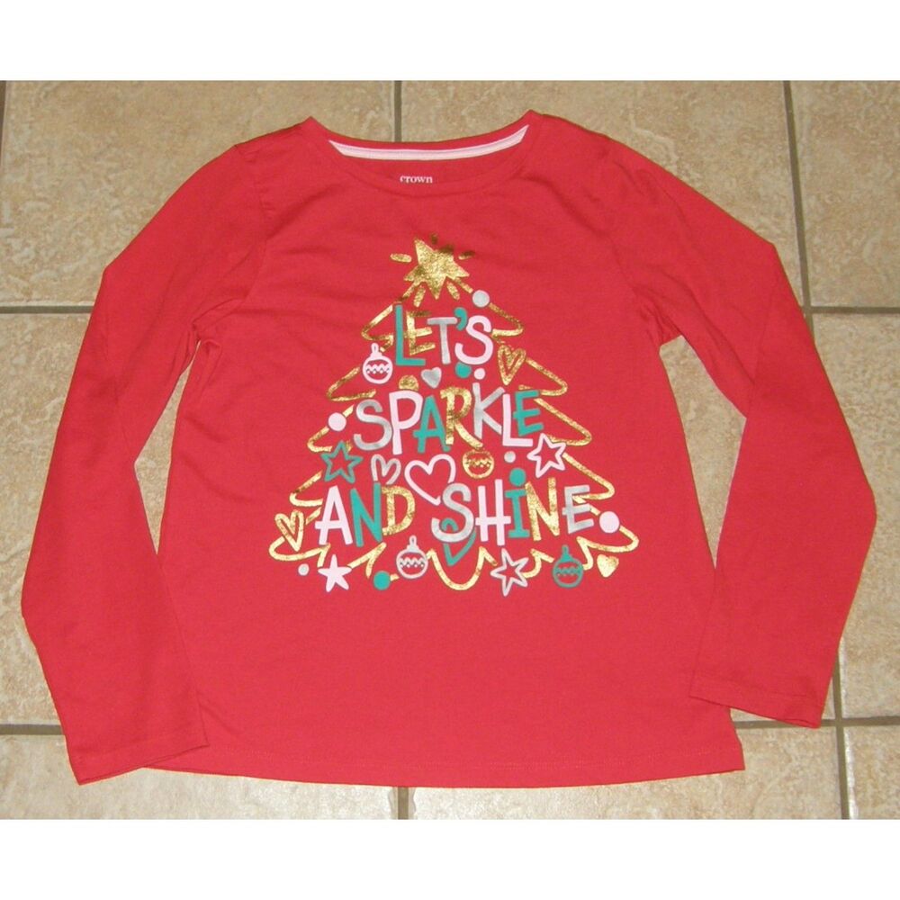 CROWN & IVY Girls Sz Large Red Christmas LET'S SPARKLE & SHINE Long Sleeve Shirt